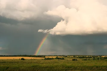 Fotobehang summer landscape with rainbows, cloudy skies, fields and forests. © Ирина Фроликова