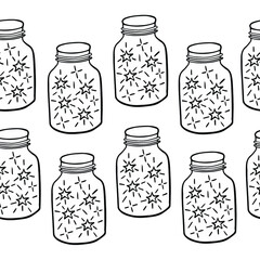 Magical bank, bottle with stars seamless pattern hand drawn illustration. Dreams come true. Doodle sparkles isolated on white background. Black icon picture.