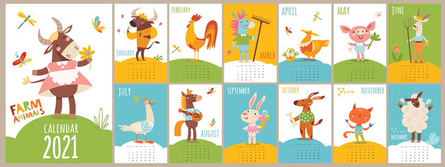 Obraz na płótnie Canvas Vector cartoon 2021 calendar with funny farm animals