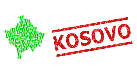 Green dollar and men mosaic map of Kosovo and unclean stamp. Stamp seal includes KOSOVO caption between parallel lines. Mosaic map of Kosovo constructed from green dollars, and men and women items.