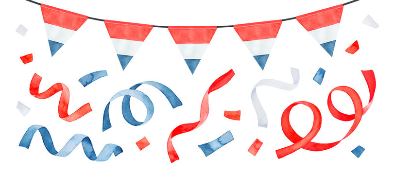 Water color illustration pack with celebration bunting, party streamers, flying confetti and triangular flag of the Netherlands. Hand drawn watercolour sketchy drawing, clipart elements for design.