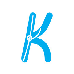 Letter K isolated on white background as logo, icon, emblem, blue vector stock illustration with drawn single letter for business