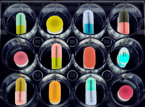 Close up of pills in sample tray