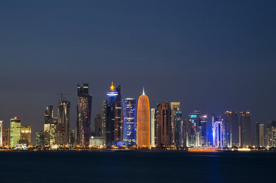 Skyscrapers of downtown Doha at night, Qatar