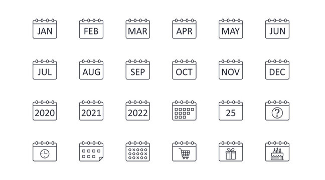 Vector calendar icons. Editable stroke. Icon with months of the year, 2020 2021 2022. Question sign 25 clock timetable schedule. Shopping time, cart gift birthday cake