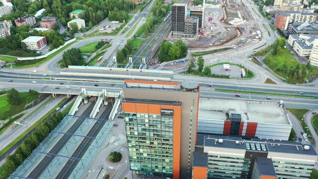 Aerial view of the business center, railway station, and Keha road in Leppavaara district of Espoo, Finland.