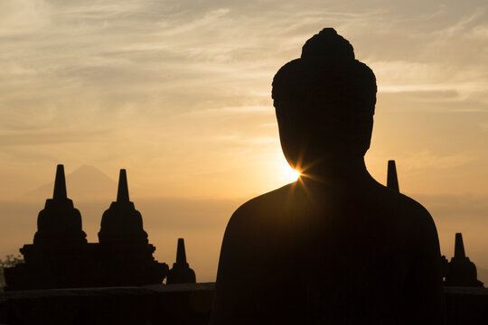 Silhouetted rooftops, The Buddhist Temple of Borobudur, Java, Indonesia