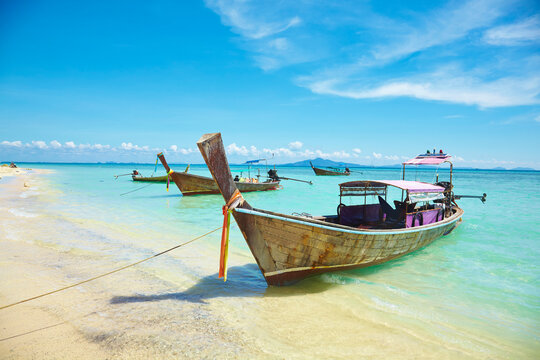 View of boats on beach, Phi Phi Don, Thailand
