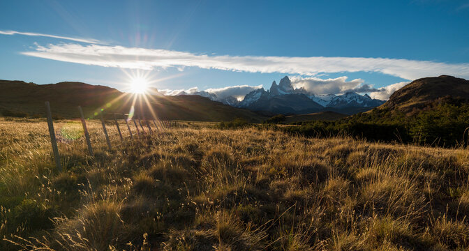 View of Fitz Roy Mountain Range at sunset, El Chalten,  Los Glaciares National Park,  Santa Cruz Province, Argentina