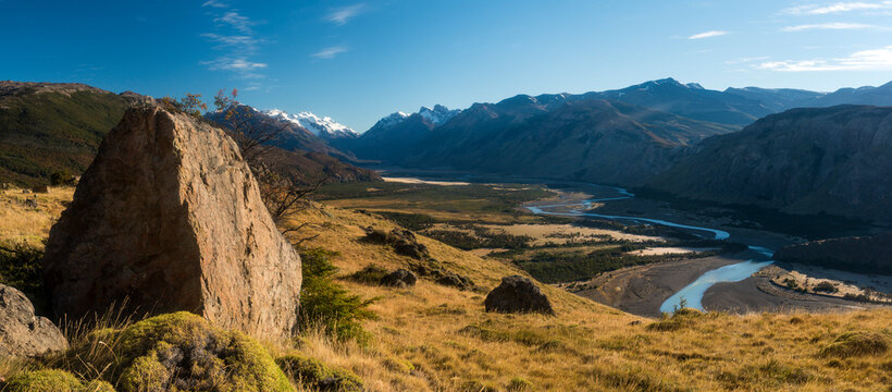Panoramic view of path to Fitz Roy Mountain Range, El Chalten,  Los Glaciares National Park,  Santa Cruz Province, Argentina