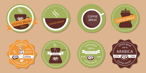 A large set of colored logos, labels for coffee shops, packaging with coffee on the background of Kraft paper. Vector illustration with handmade design elements