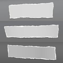 Naklejka premium Set of torn of white, gray note, notebook paper strips and pieces stuck on dark gray backgrounds. Vector illustration
