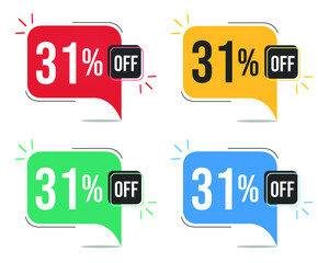 31% off. Red, yellow, green and blue tags with thirty-one percent discount. Banner with four colorful balloons with special offers vector.