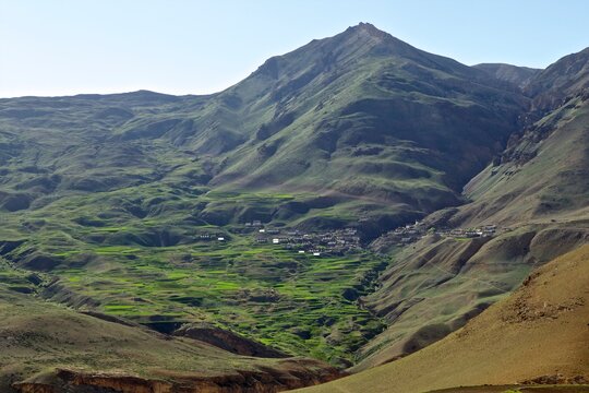 Mountain village on opposite side of valley to Kibber, Himachal Pradesh, India, Asia