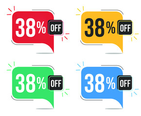 38% off. Red, yellow, green and blue tags with thirty-eight percent discount. Banner with four colorful balloons with special offers vector.