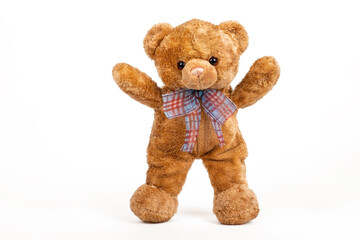 Teddy bear stopped on white background.