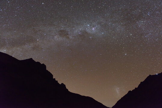 Milky way and silhouetted mountains, Lares, Peru