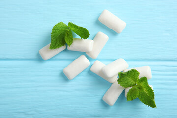 mint chewing gum and mint on the table. Fresh breath, oral care
