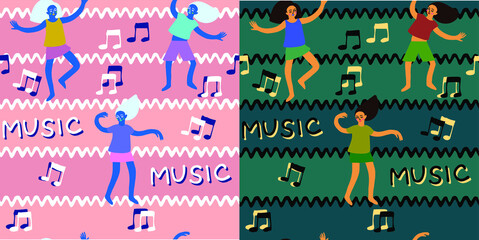 Two seamless patterns with people made in a simple style. people dance around notes, stripes, music lettering. design for teens. Suitable as a print for office, clothing, web pages. different colors.