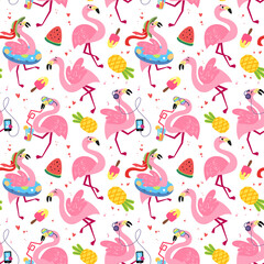 Festive seamless pattern with funny flamingos. Summer tropical vector texture on a white background. Background for a children's book, print, poster, stickers, fabric, wrapping paper.