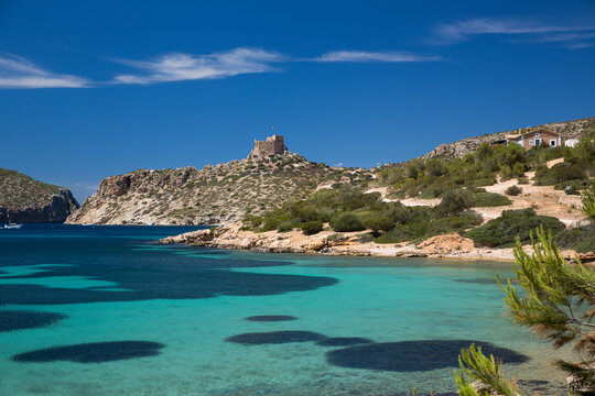 Coast and sea with distant view of castle, Cabrera National Park, Cabrera, Balearic Islands, Spain