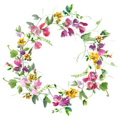Colorful Summer Little Wild Flowers with Pink Sweet Pea Watercolor Wreath - Hand painted Watercolor Arrangement