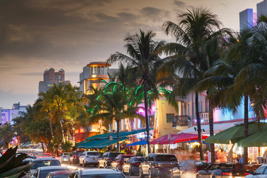 Pastel color buildings on Ocean Drive, in the famous Art Deco District in South Beach, at dusk, Miami Beach, Florida, USA
