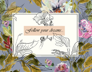 Hand Drawn Watercolor Illustration with Ink Graphics Peonies on Blue Background - Greeting Card Follow Your Dreams 