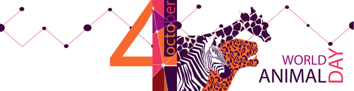 stylized poster Design for world animal day in bright trendy colors of autumn. Image of the head of a  giraffe in geometric style and connecting the dots between . EPS10