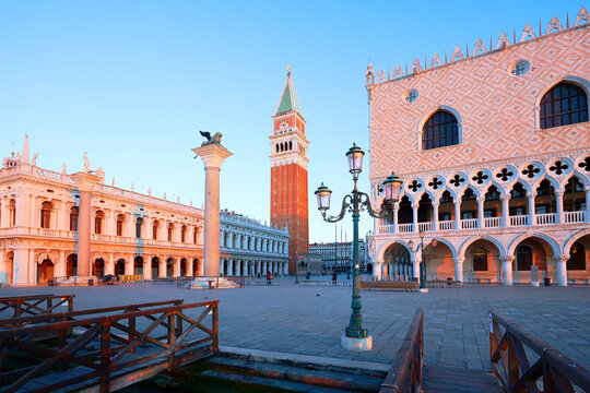 View of St marks Square at sunrise, Venice, Veneto, Italy