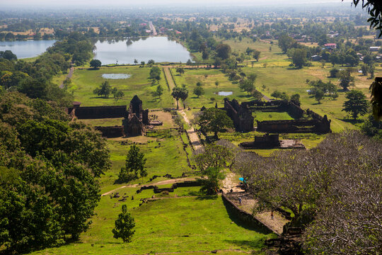 High angle view Khmer ruins from Wat Phou at Champasak, Las