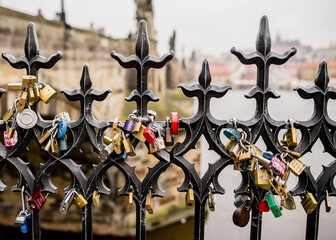 Padlocks on railings, Charles Bridge, Prague, Czech Republic