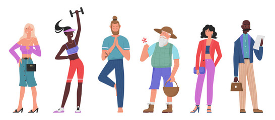 Casual people flat vector illustration set. Cartoon various standing characters collection of senior man, athlete woman, yogist in yoga pose, stylish fashion girl. Urban casual style isolated on white