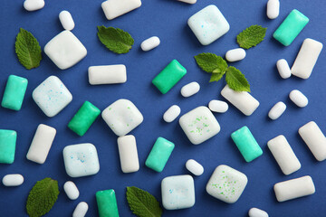 mint chewing gum and mint on the table. Fresh breath, oral care
