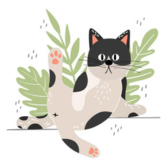 Cute black and white cat isolated on white background. Scandinavian cartoon animal in flat hand drawn style. Vector pet concept for children's books, print, poster, fabric, stickers.