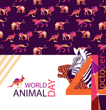 stylized poster Design for world animal day in bright trendy colors of autumn. Image of the head of a leopard, Zebra  in geometric style and wild animals made of colorful triangles. EPS10