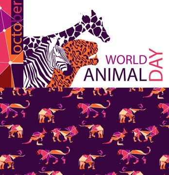 stylized poster Design for world animal day in bright trendy colors of autumn. Image of the head of a leopard, Zebra and giraffe in geometric style and wild animals made of colorful triangles. EPS10