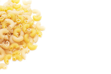 Macaroni horns isolated on a white background. Durum macaroni. Copy space. Article about pasta.