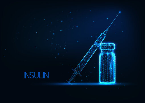Futuristic diabetes treatment with insulin concept with glowing low polygonal vial and syringe