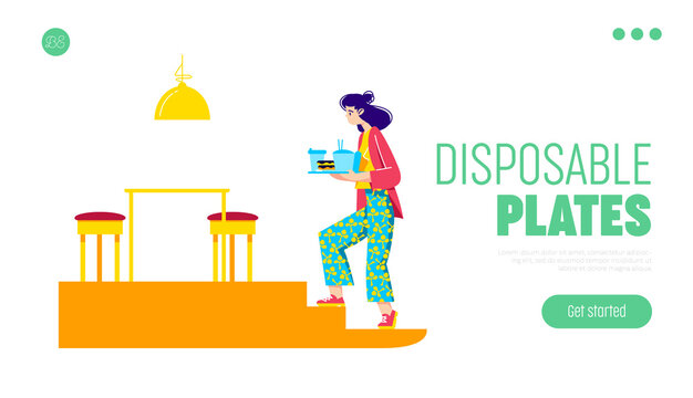 Disposable food package landing page with woman holding fast food packed in paper dishes