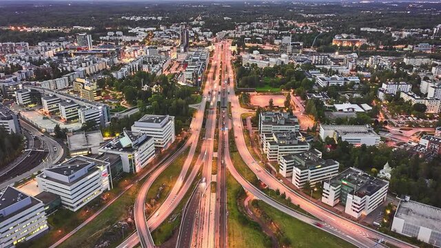 Hyperlapse aerial view of Keha road highway in Espoo, Finland. 