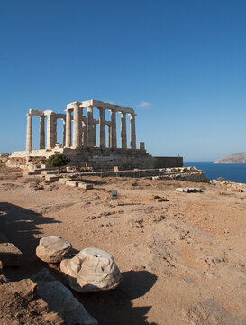 Temple of Poseidon and sea at Cape Sounion, Athens, Greece