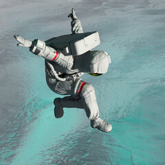 astronaut in another planet is landing on the ice lake © DM7