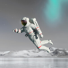 astronaut in another planet is floating in the air on the ice lake in square view