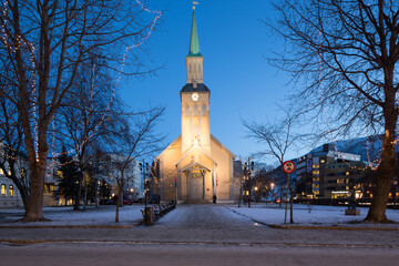 Tromso Cathedral illuminated at night, Tromso, Norway