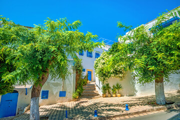 View of street in resort village Sidi Bou Said. Tunisia, North Africa