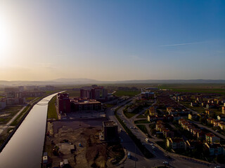 Drone view to the Akcaray river and beautiful part of Afyon city small city that is new tourist attraction in Turkey