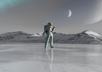 astronaut in another planet standing up on ice saying that all is fine