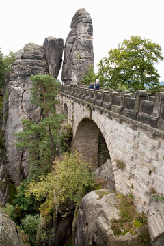 Elevated view of Bastei rocks on Malerweg trail, Saxon Switzerland, Germany