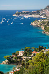 Fototapeta premium High angle view of Monaco in distance from Roquebrune, France